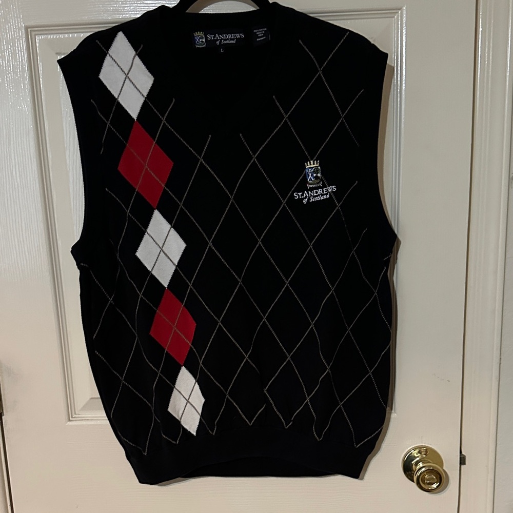 St. Andrew’s Black Argyle Sweater Vest with Red and White Accents